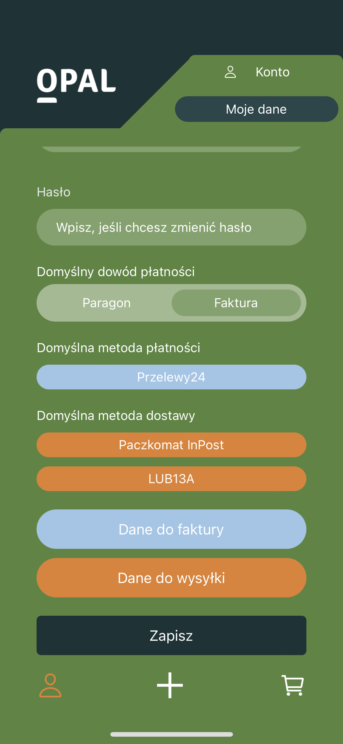 ustawienia domyślne w aplikacji